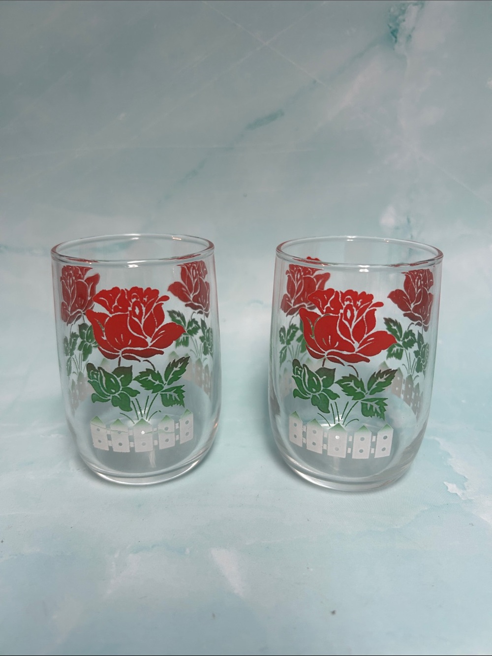 Vintage Hazel Atlas Red Rose Printed Glass Tumblers - Set of 2